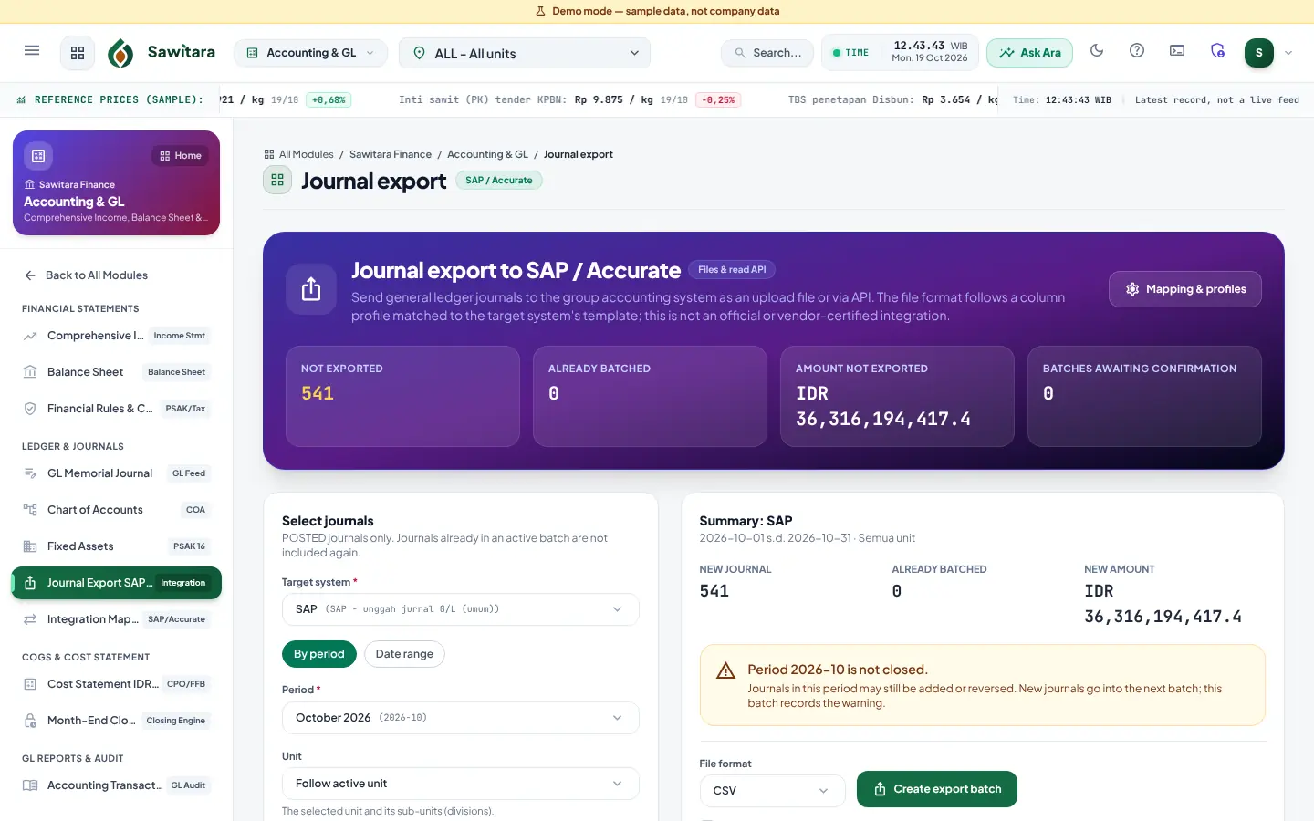 Journal Export to SAP/Accurate: journal summary, account and unit mapping checks, file format and batches
