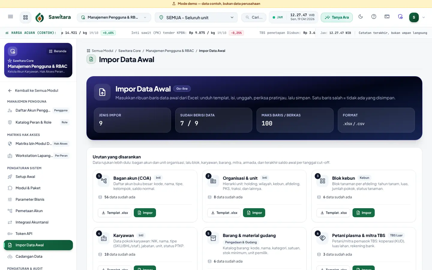 Impor Data Awal: urutan kartu impor bagan akun, organisasi, blok, karyawan, barang, dan petani dengan templat Excel