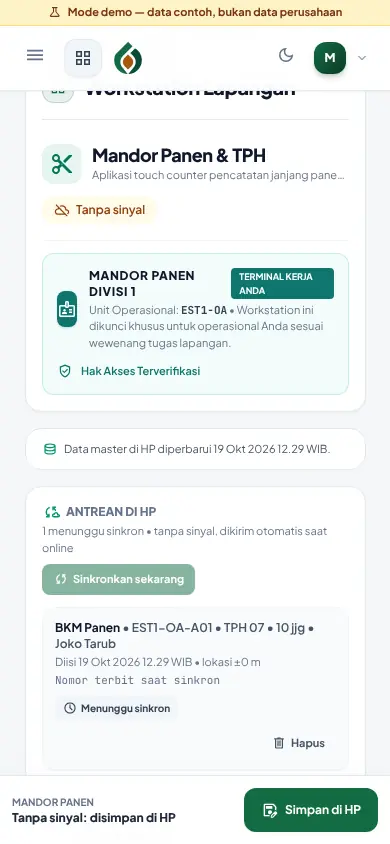 Workstation mandor panen di HP berstatus Tanpa sinyal: BKM panen tersimpan di Antrean di HP menunggu sinkron