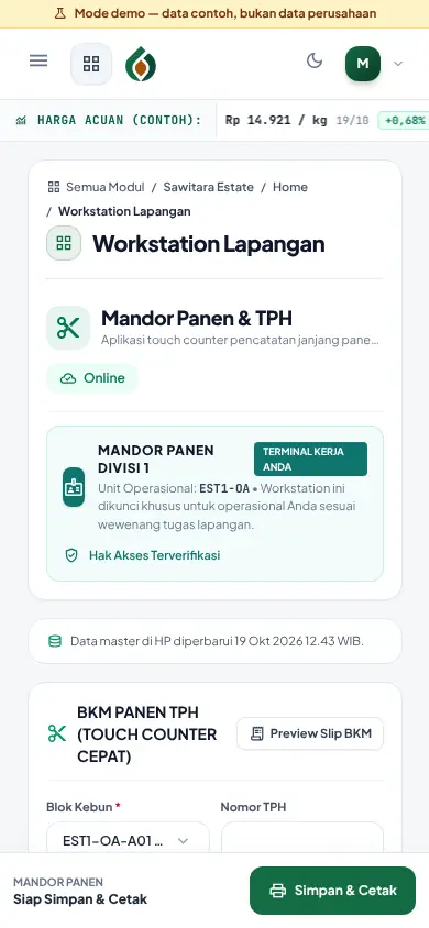 Workstation mandor panen di HP: pilih blok, TPH, pusingan, luas panen, lalu simpan dan cetak slip