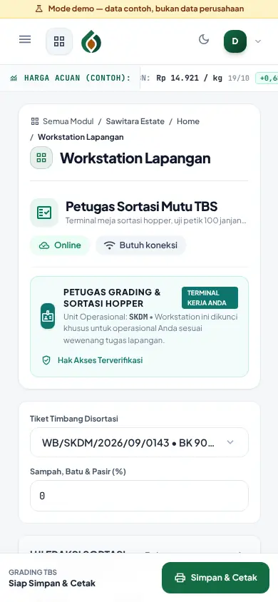 Workstation petugas sortasi di HP: pilih tiket dan isi fraksi sampel janjang