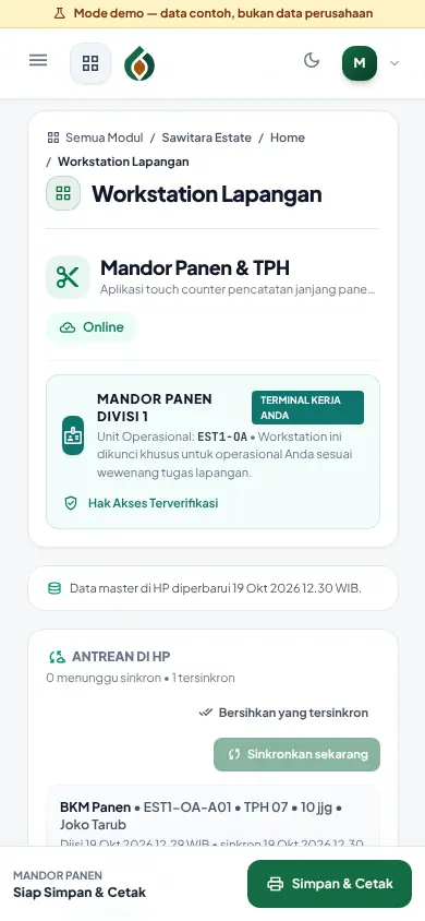 Workstation mandor panen setelah sinyal kembali: antrean tersinkron dan nomor dokumen terbit dari server