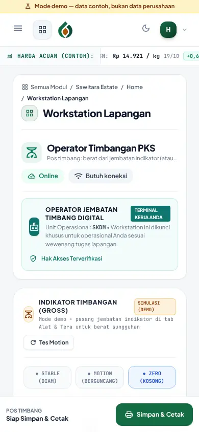 Workstation operator timbangan di HP dengan panel indikator berat