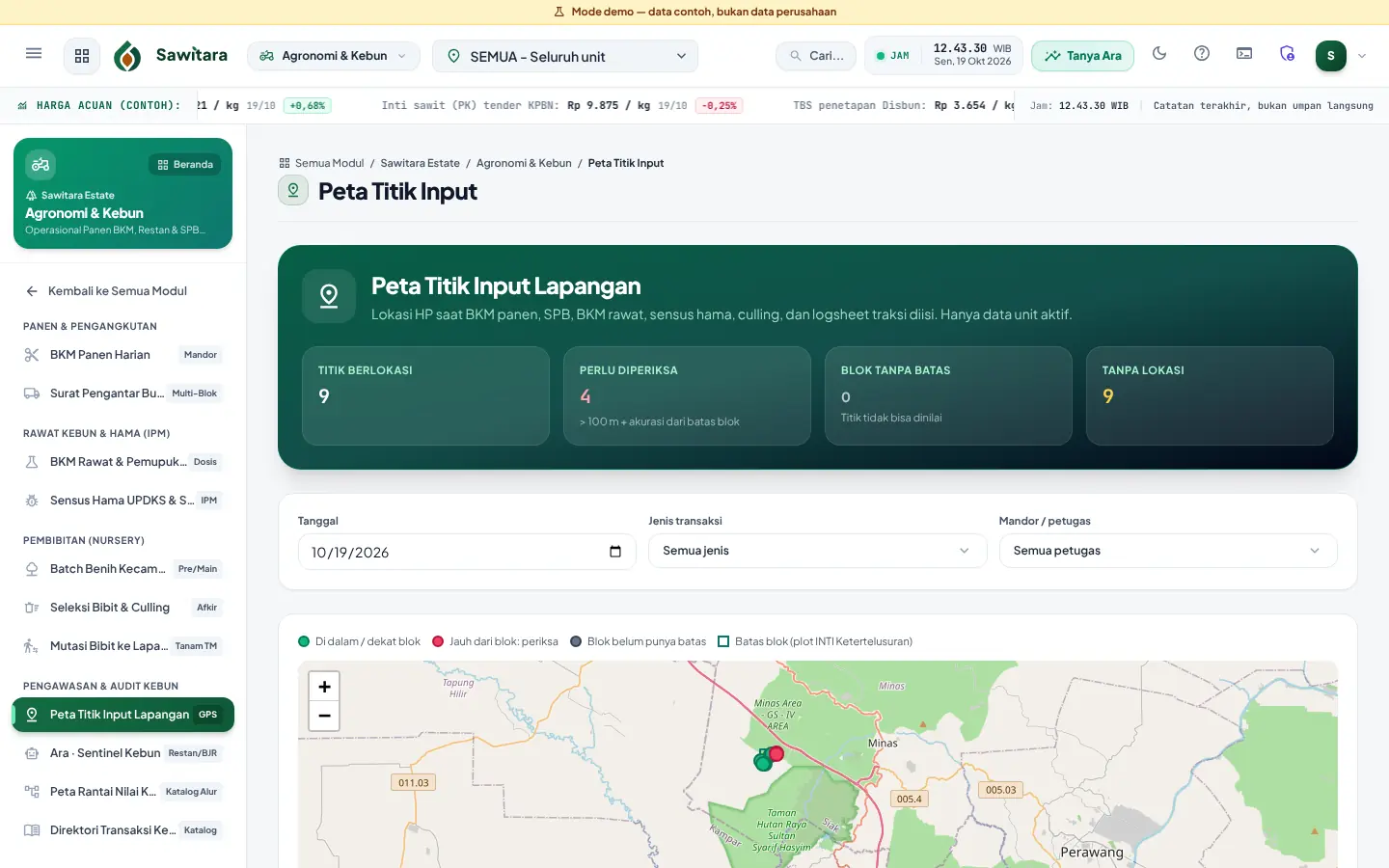 Peta titik input lapangan: lokasi HP saat transaksi kebun diisi, dibandingkan dengan batas blok