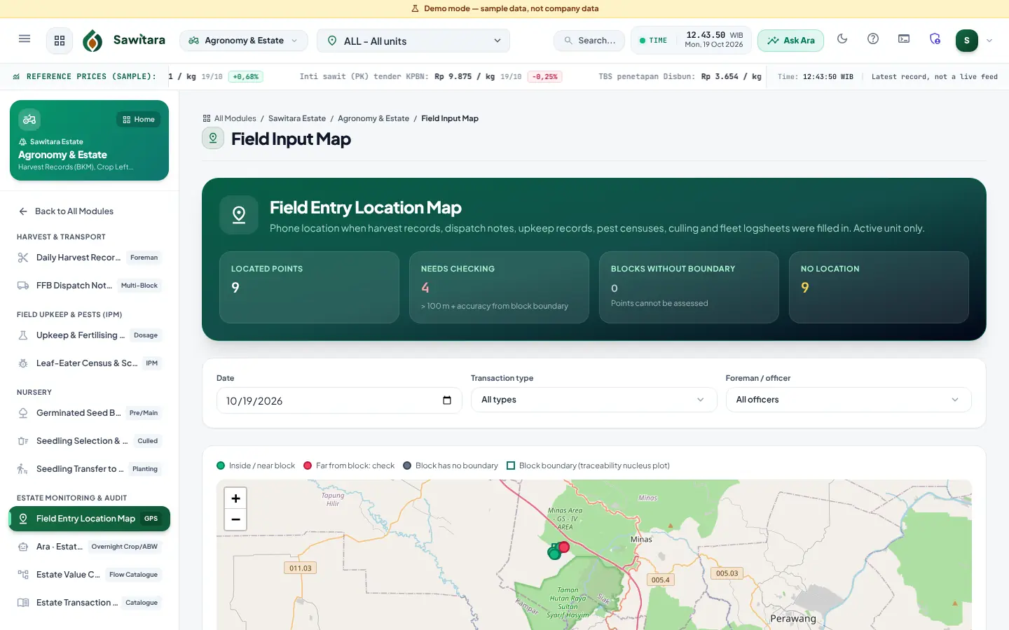 Field entry map: phone location of each estate entry compared with block boundaries