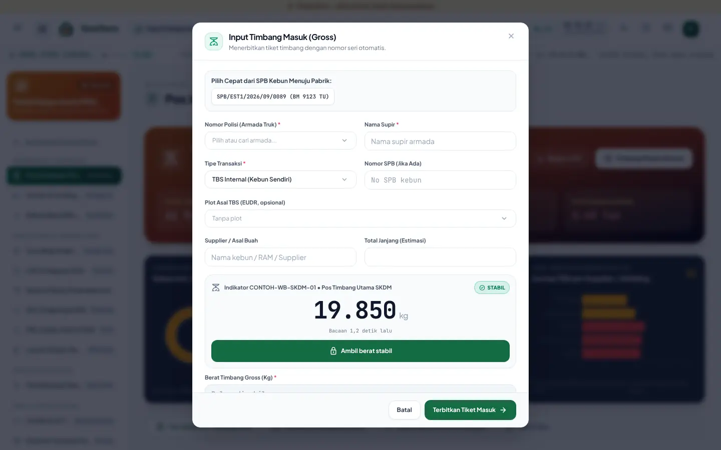 Form timbang masuk dengan panel indikator: berat langsung dari agen jembatan berstatus STABIL dan tombol Ambil berat stabil