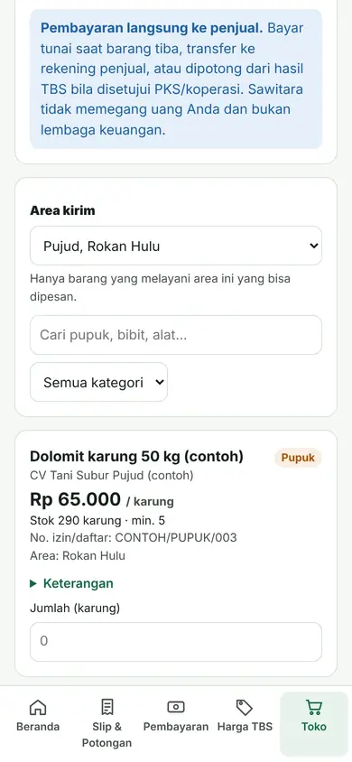 Toko Input di Tandan: katalog pupuk dan dolomit dari mitra penjual dengan harga, stok, nomor izin, area kirim, dan jumlah pesanan