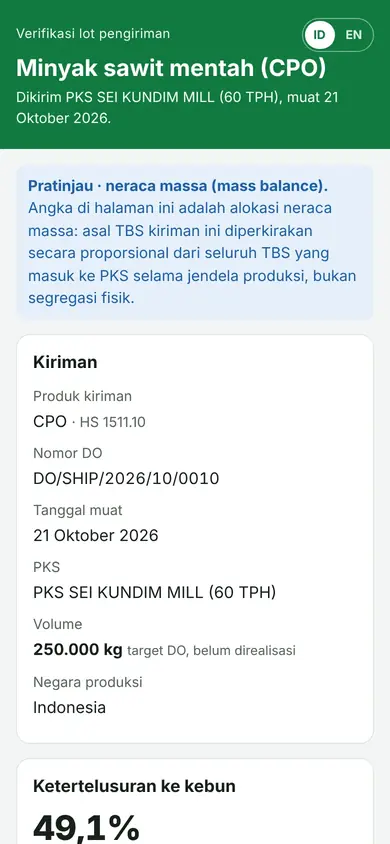 Halaman verifikasi lot di HP tanpa login: produk CPO, nomor DO, tanggal muat, PKS, volume, catatan neraca massa, dan persentase ketertelusuran ke kebun