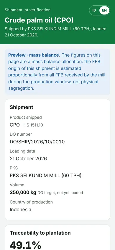 Lot verification page on a phone without login: CPO product, DO number, loading date, mill, volume, mass balance note and share traceable to plantation