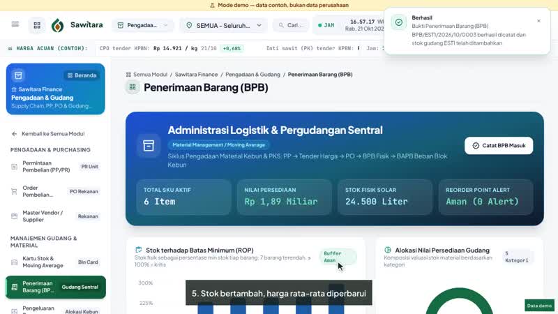 Cuplikan video tutorial Sawitara Finance · Pengadaan & Logistik