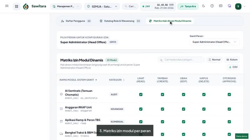 Cuplikan video tutorial Sawitara Core · Pengguna & Hak Akses